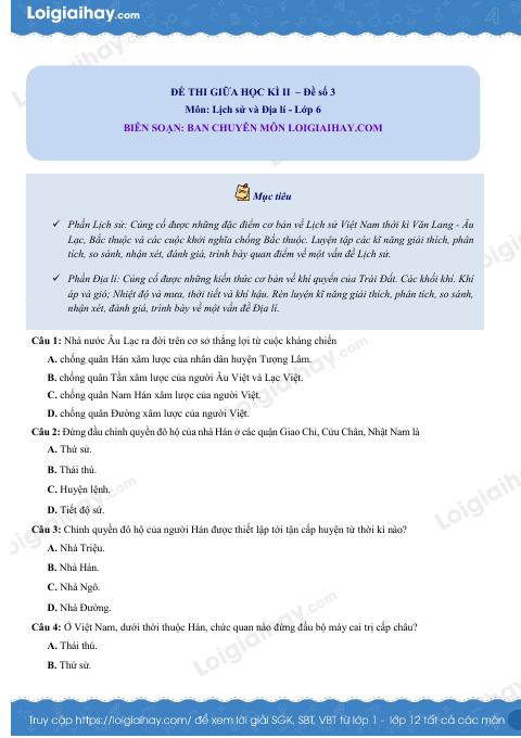 Đề thi giữa kì 2 Lịch sử và Địa lí 6 - Đề số 3